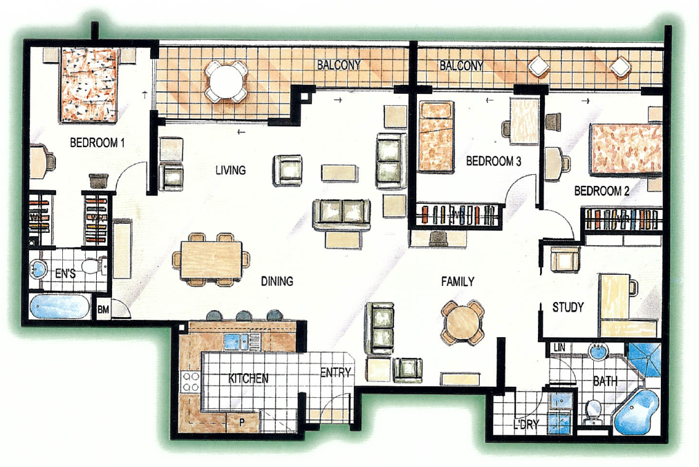 3 Bedroom Apartment with Study Layout
